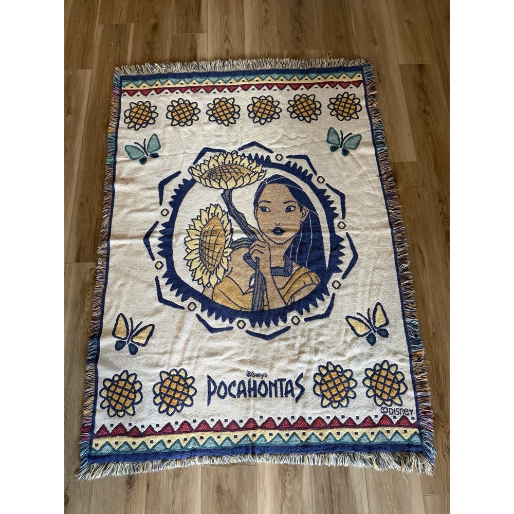 Vintage 90s Disney Pocahontas Blue Fringed Beacon Brand Blanket Sunflowers RARE